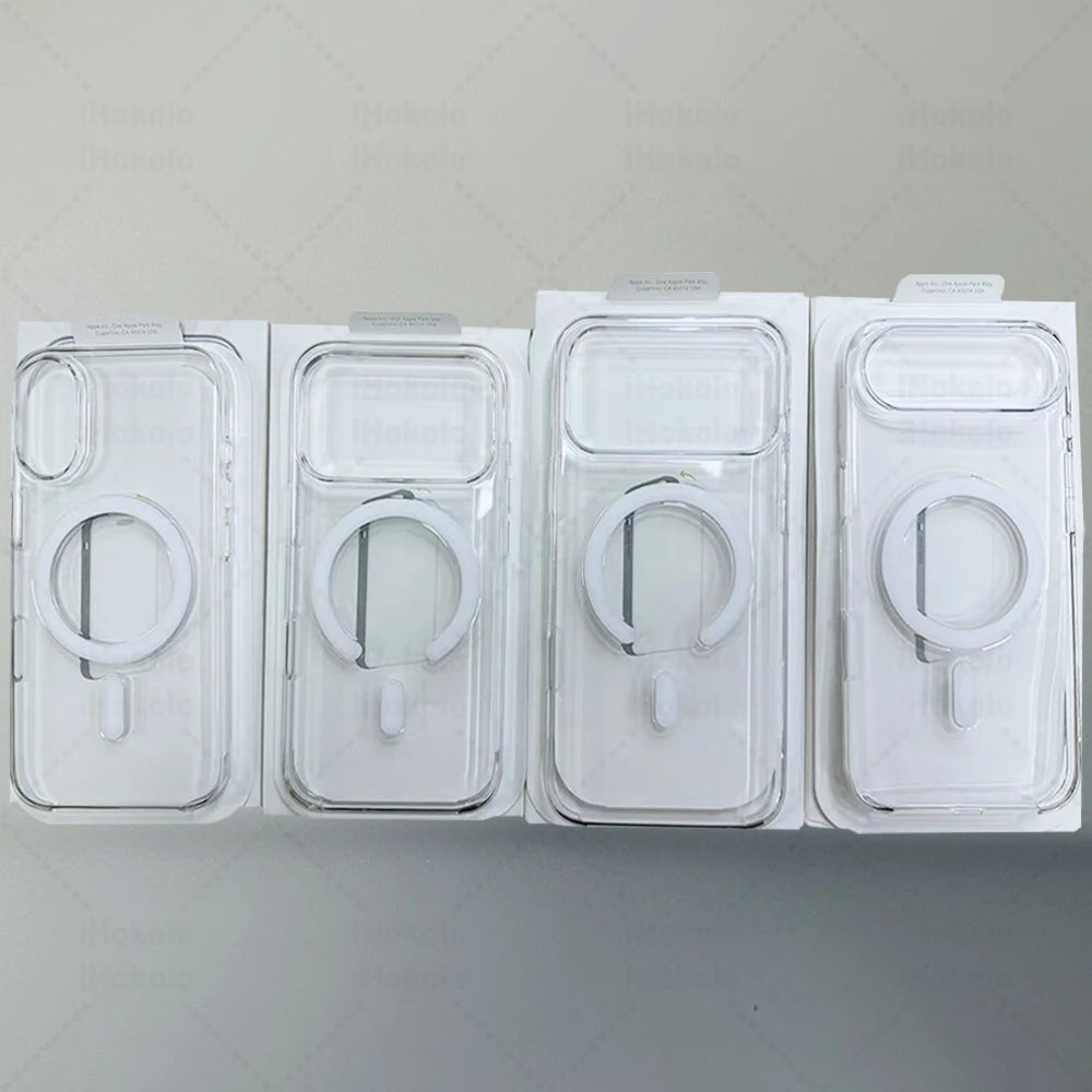 Four clear magnetic cases for iPhone with MagSafe compatibility displayed side by side.