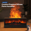 A black fireplace diffuser with visible flames is shown on a wooden table, next to a remote control.