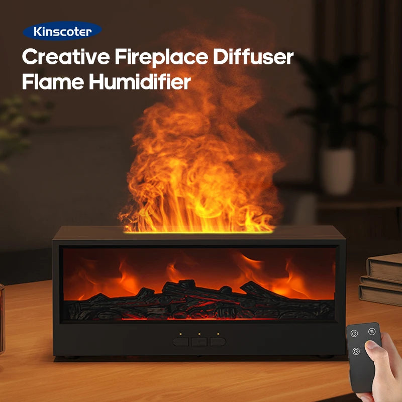 A black fireplace diffuser with visible flames is shown on a wooden table, next to a remote control.