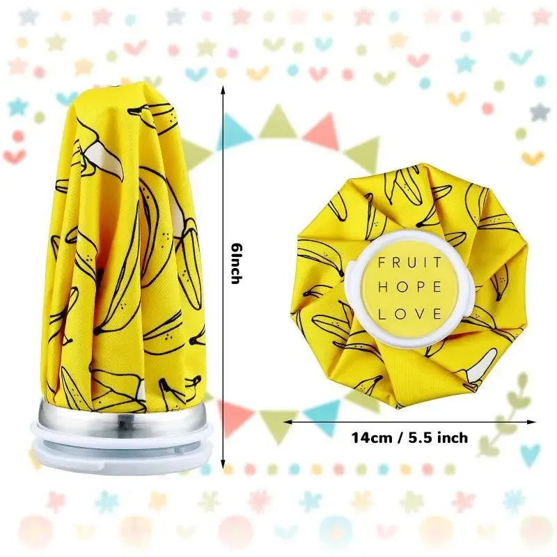 Yellow reusable multi-use ice and heat therapy pack with a silicone cover and measurement lines.