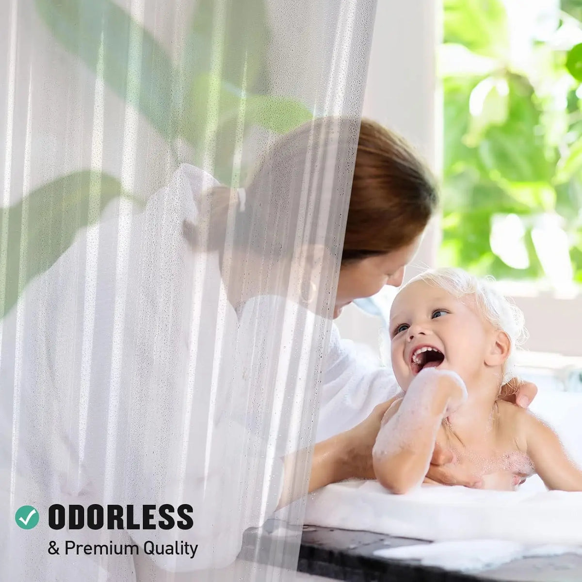 A woman is showering a baby under a clear shower curtain liner.