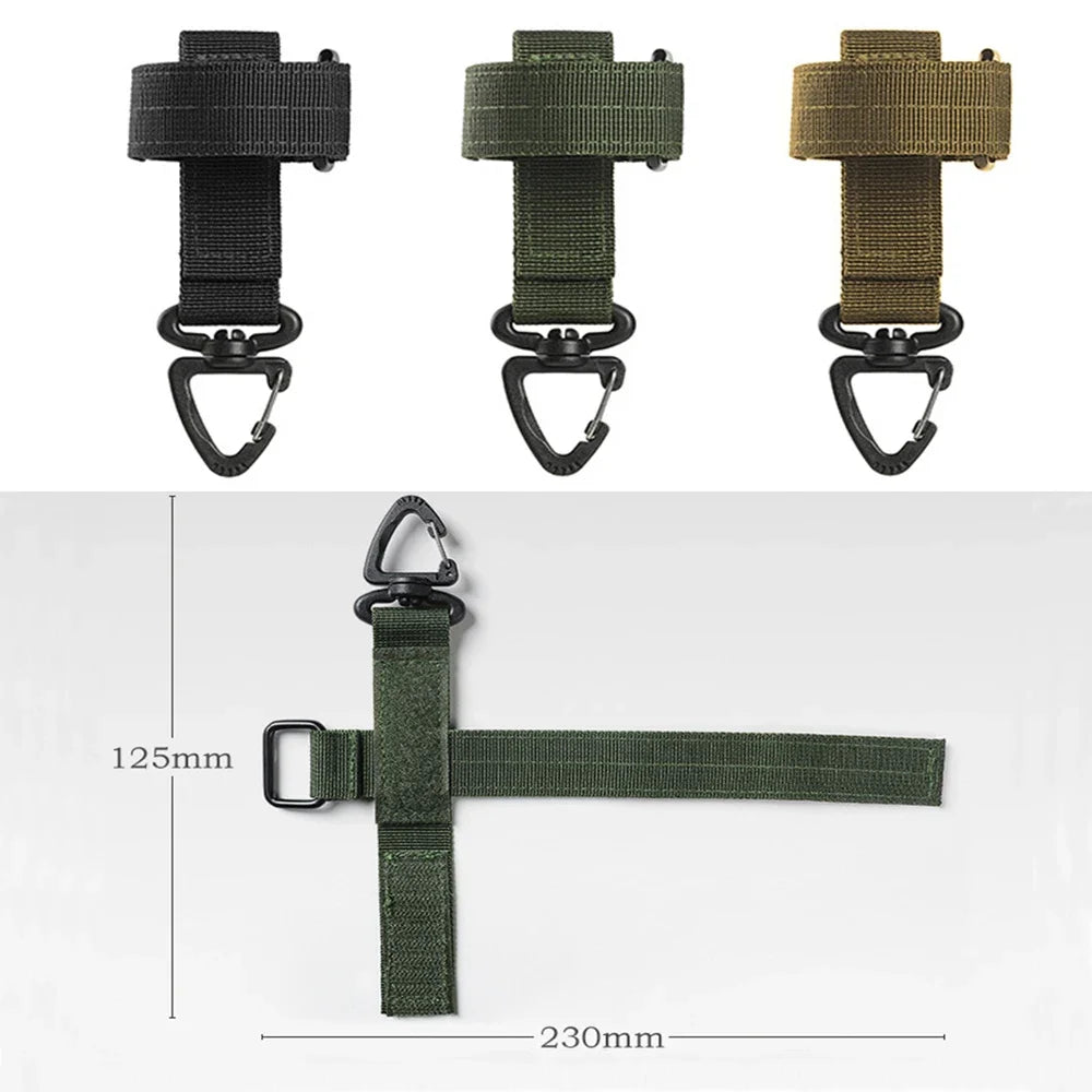 Three versions of a nylon glove hook with adjustable clips in black, olive green, and tan.