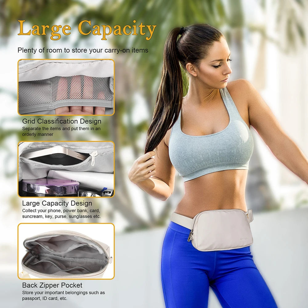 A woman is wearing a light gray adjustable nylon waist pack with a phone pocket on her torso.