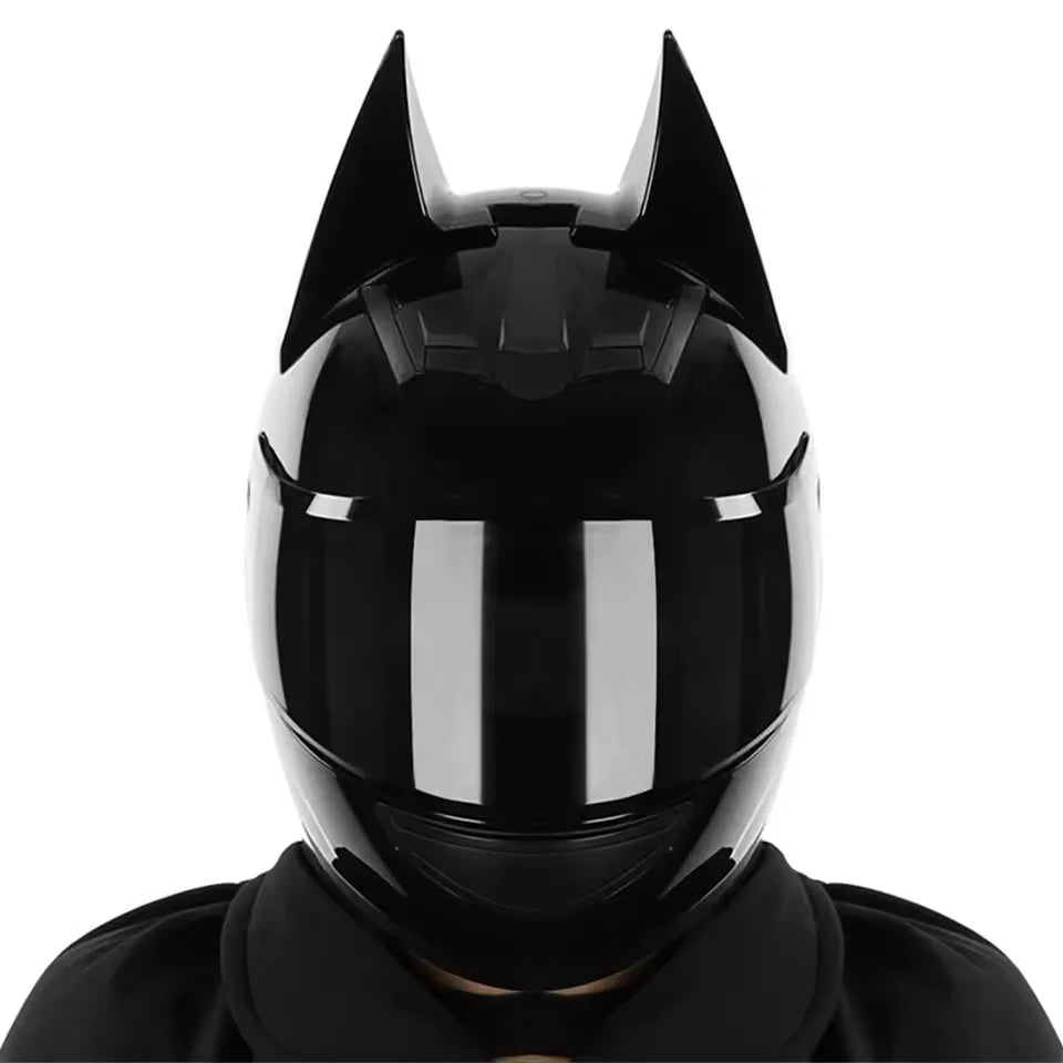 Black Bat ear full face motorcycle helmet with detachable horns