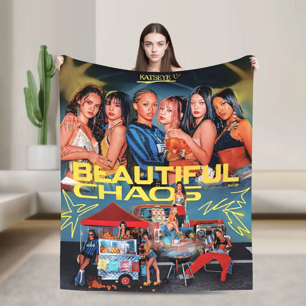 A poster featuring a group of women with intense expressions and a chaotic theme titled Beautiful Chaos.