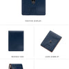 A dark blue slim wallet with a carbon fiber texture showing various display options and sides.