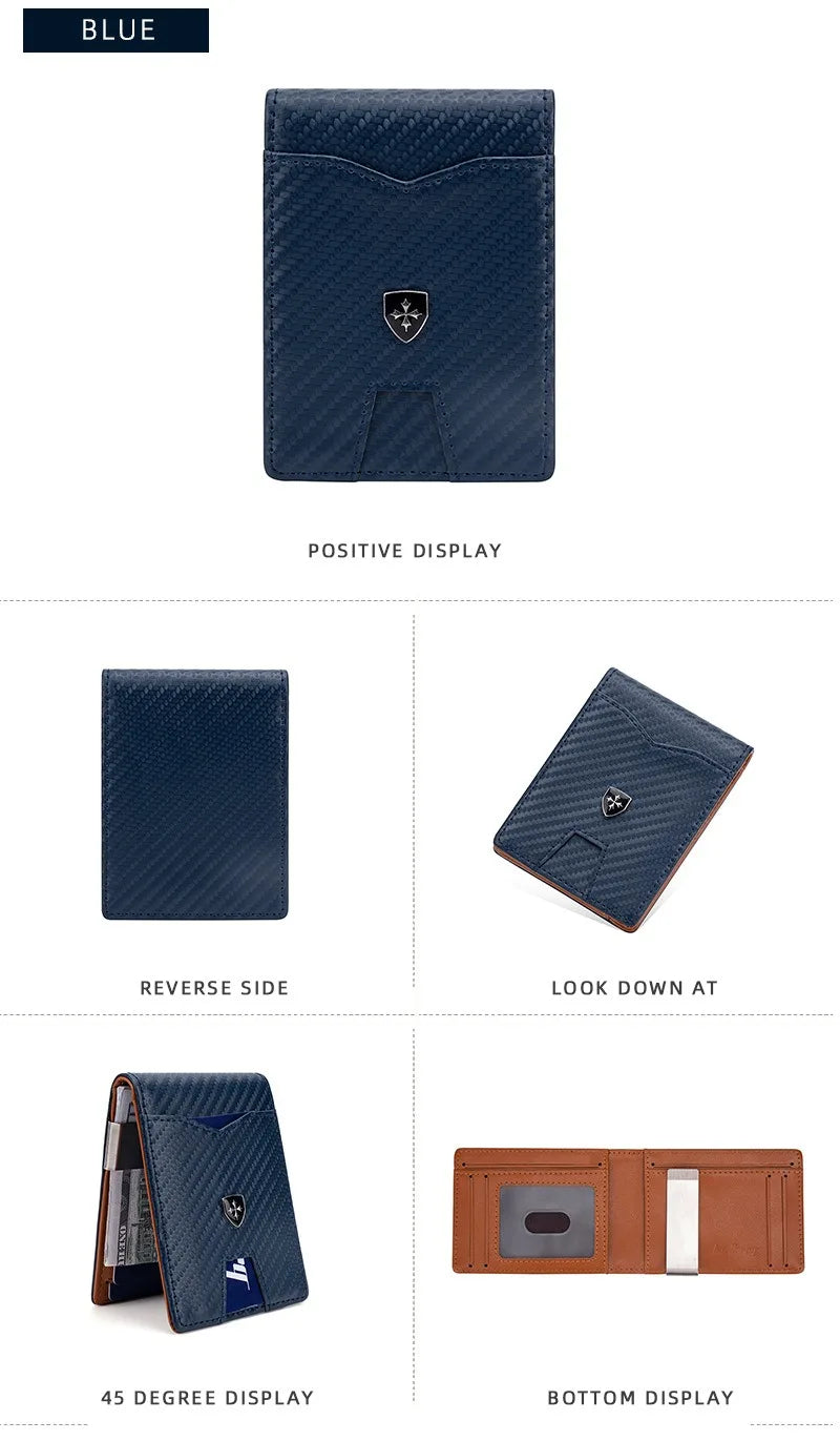 A dark blue slim wallet with a carbon fiber texture showing various display options and sides.