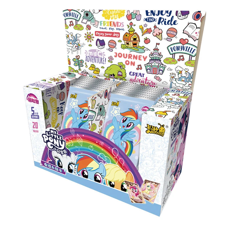 A box of My Little Pony Friendship Eternal Radiant Moon Gilded Card Pack featuring various cards and colorful graphics.
