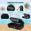 A black portable travel safe lockbox is shown with various features like a 4 digit combination lock, rugged ABS shell, and pr