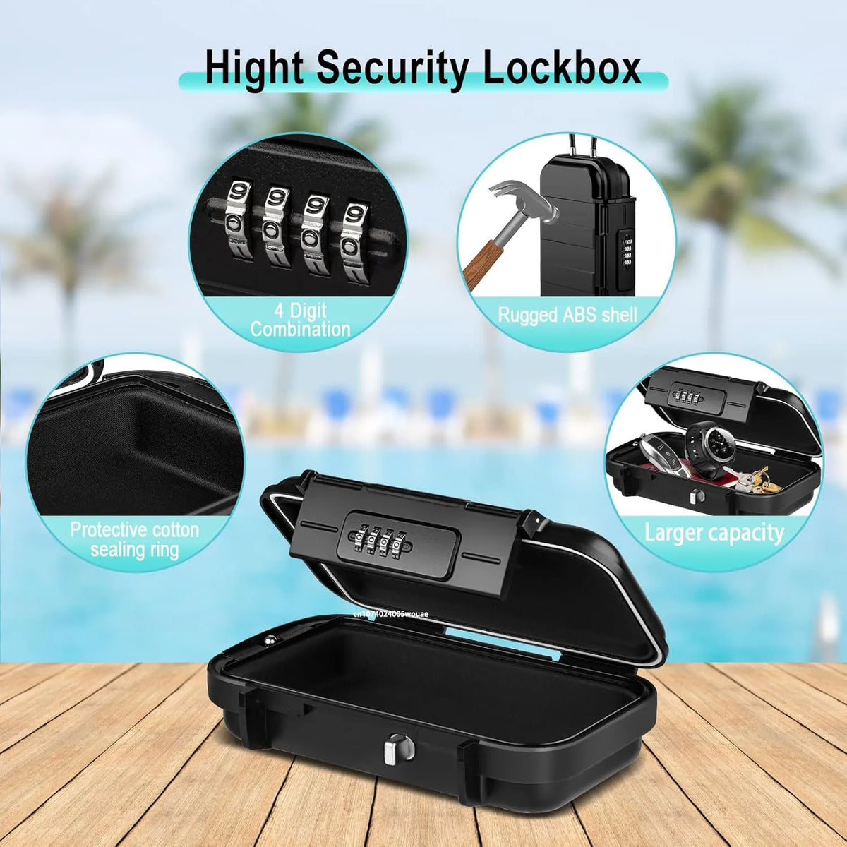 A black portable travel safe lockbox is shown with various features like a 4 digit combination lock, rugged ABS shell, and pr