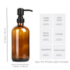 Amber glass soap dispenser bottle with a black pump and six pre-printed labels for hand soap, dish soap, body wash, lotion, s