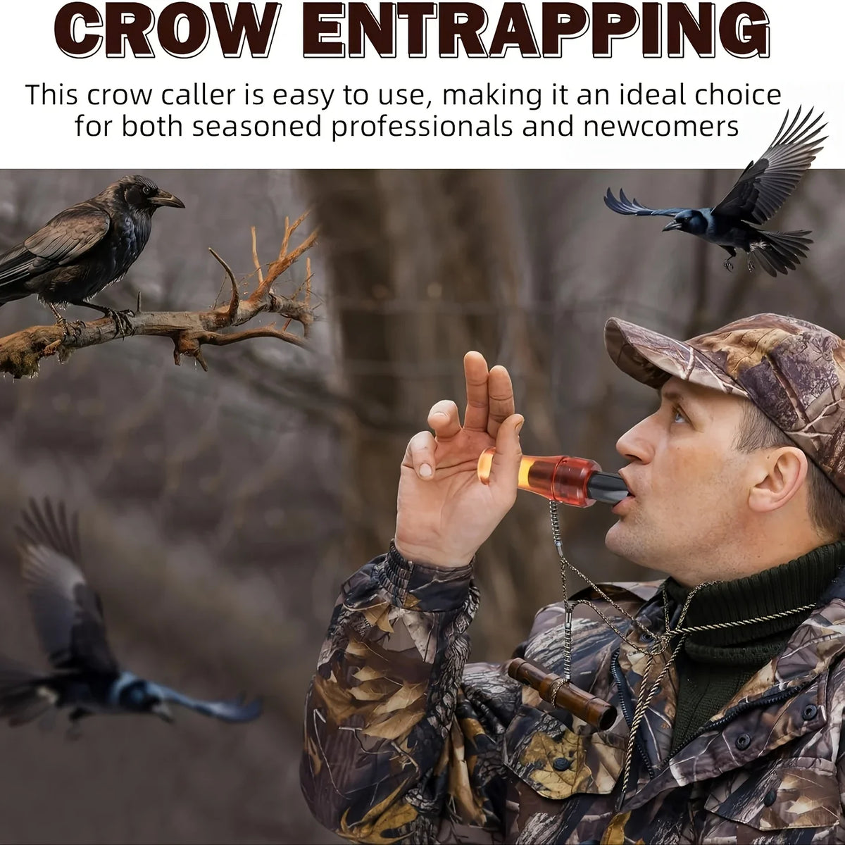 A man in camouflage is using a portable crow call whistle to attract birds outdoors.