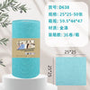 A roll of blue microfiber towel with product specifications and a swatch of the fabric.