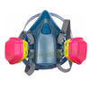 A blue full-face respirator mask with pink filters and gray straps.