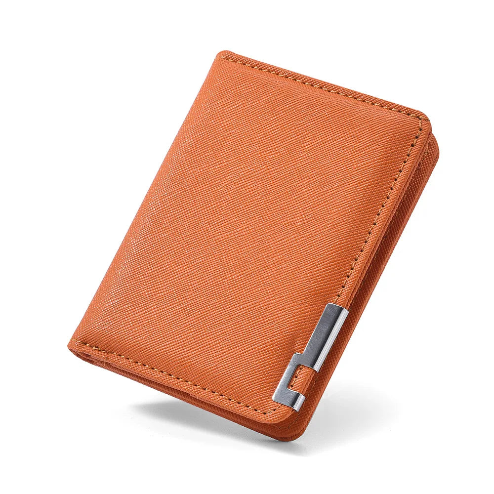 A brown leather wallet with a vertical design and silver clasp shown from above.