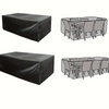 Two black waterproof outdoor furniture covers are shown: one for a rectangular table and another for an outdoor dining set.