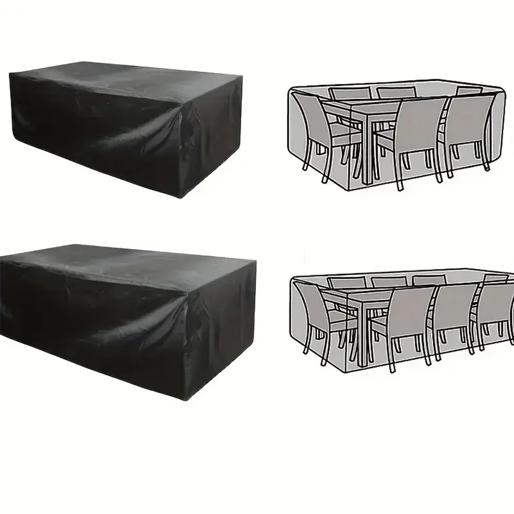 Two black waterproof outdoor furniture covers are shown: one for a rectangular table and another for an outdoor dining set.