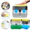 A press-type portable soap dispenser with a yellow sponge, green liquid, and blue liquid inside.
