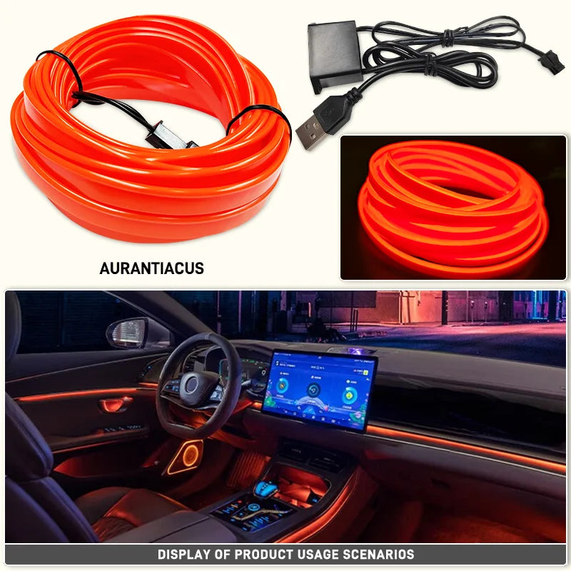 A roll of orange LED neon strip light and a display of its usage in a car interior