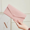 A pink slim RFID-blocking PU leather wallet shown in various angles and with cards inside.