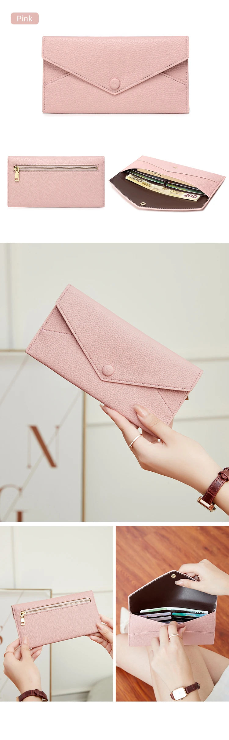 A pink slim RFID-blocking PU leather wallet shown in various angles and with cards inside.