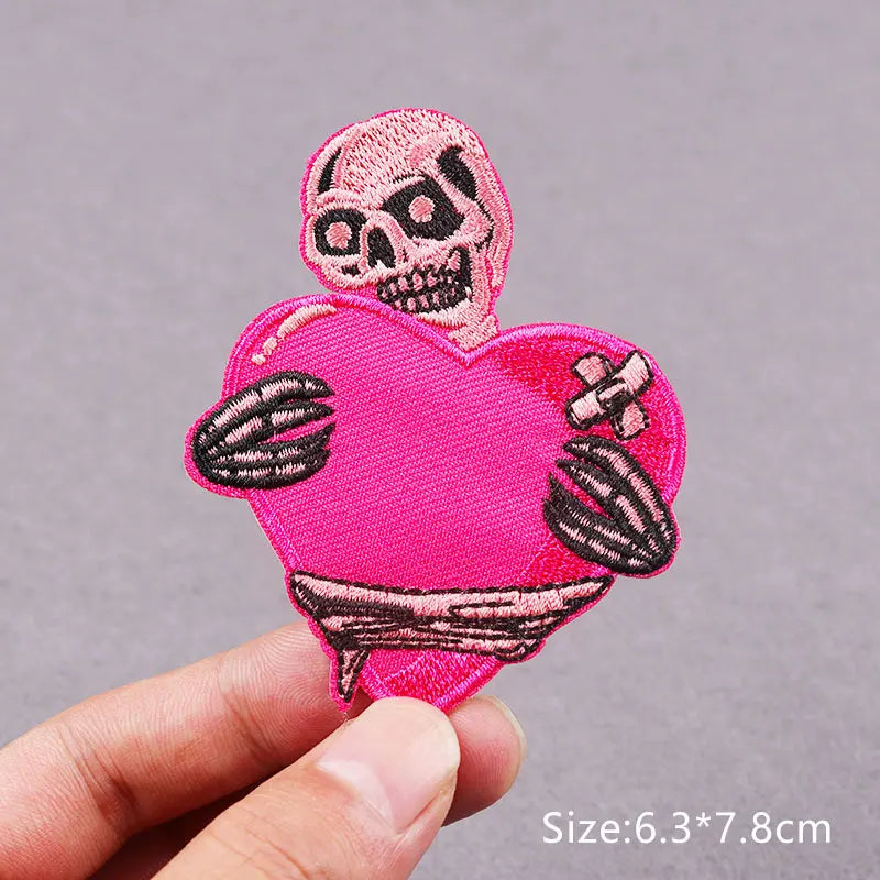 Pink embroidered skull and heart patches for DIY clothing decor