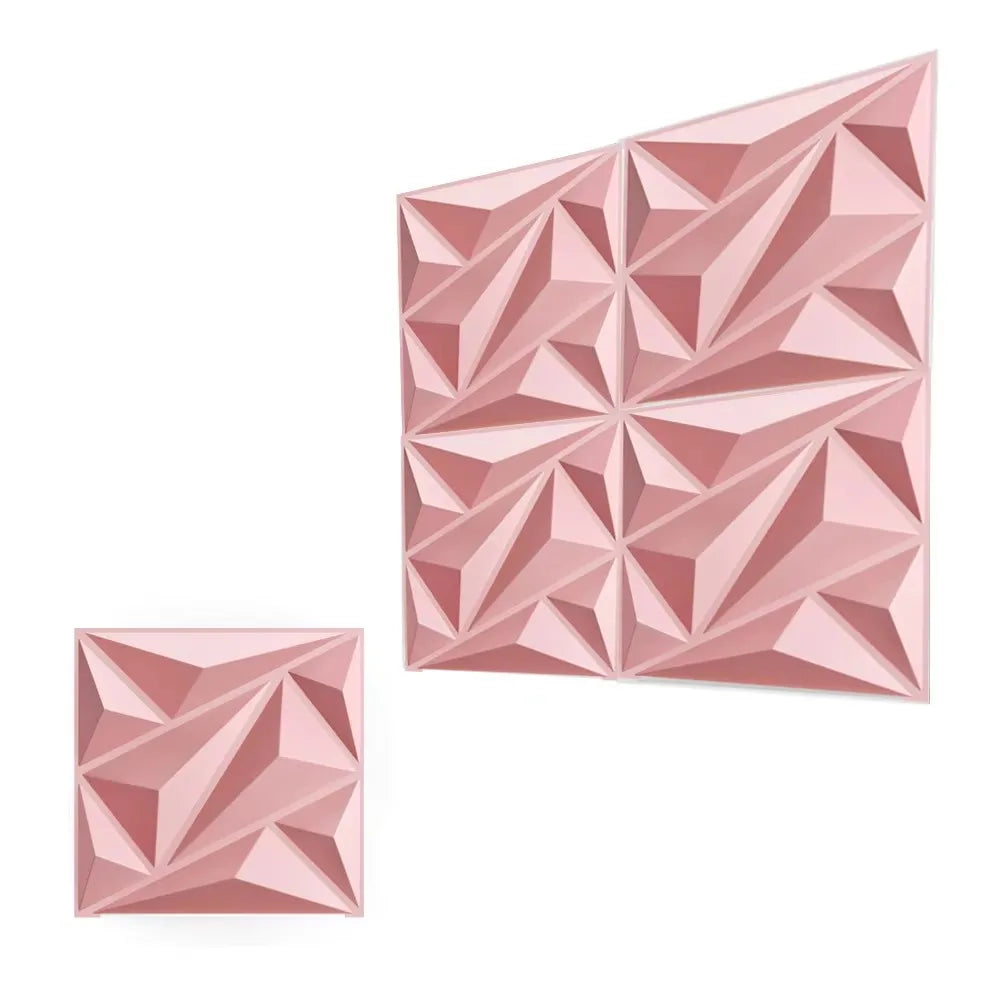 Close-up view of pink 3D diamond textured wall panels with geometric facets.