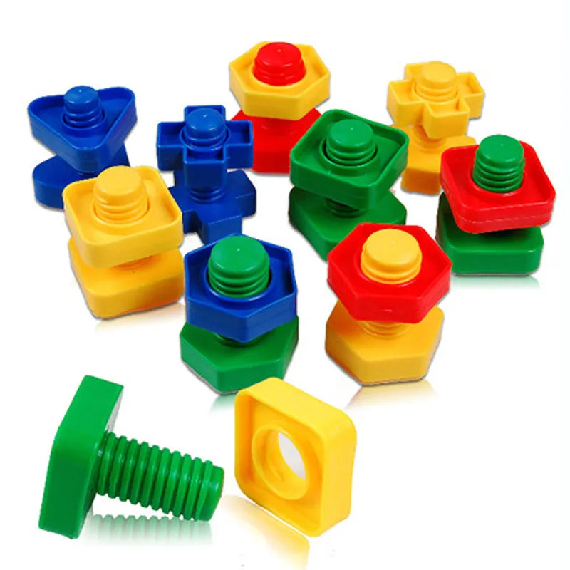 A collection of colorful nut and bolt shaped screw building blocks for kids.
