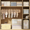 A wooden wardrobe storage box displaying various mesh bags filled with folded clothes and bedding.