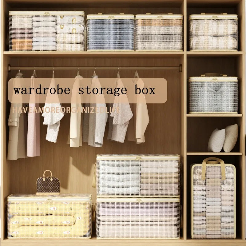A wooden wardrobe storage box displaying various mesh bags filled with folded clothes and bedding.