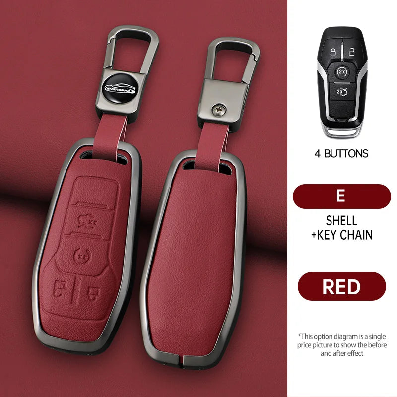 Two red leather key case covers with metal chains and a black electronic fob shown on a maroon background