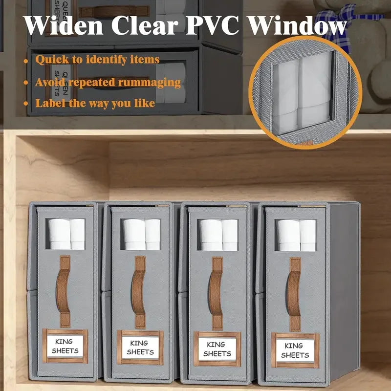 A set of five gray foldable bedding storage boxes with clear windows labeled KING SHEETS.