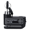 A black fingerprint alarm device with a circular sensor and a protective cover.