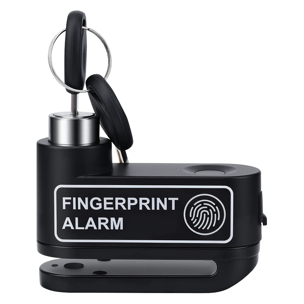 A black fingerprint alarm device with a circular sensor and a protective cover.