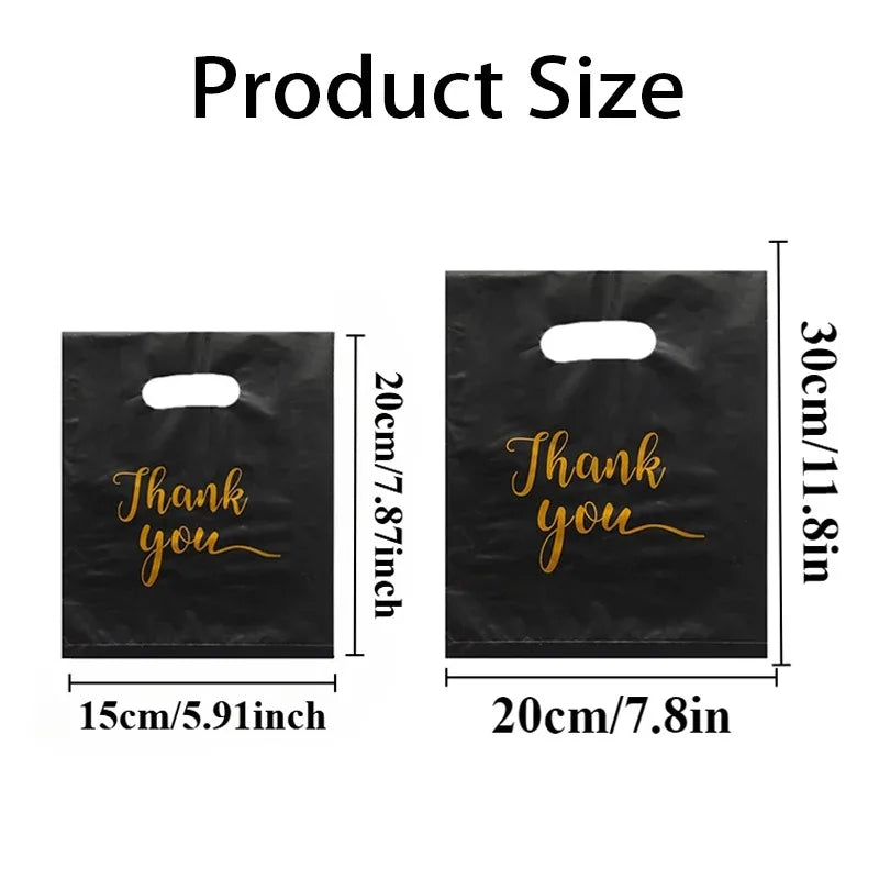 Two black thank you gift bags with handles shown side by side, illustrating the product size.