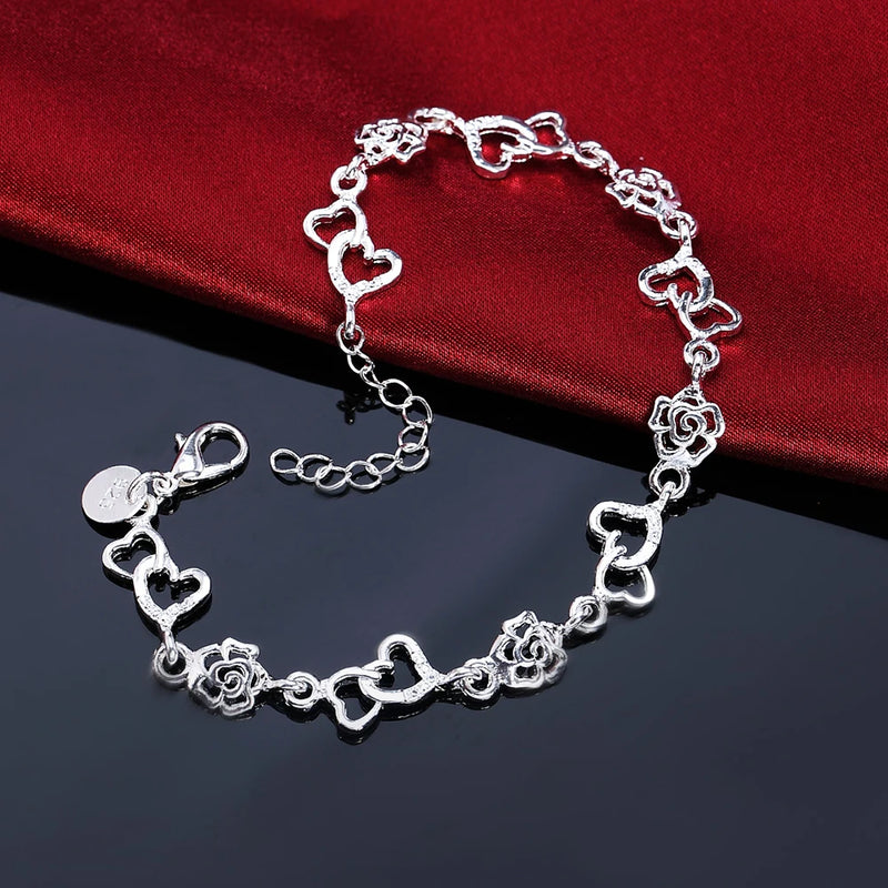 Pulsera de Cadena Corazón y Flor en Plata de Ley