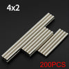 4x2 pack of 200 pieces of silver disc neodymium magnets arranged diagonally on a black background