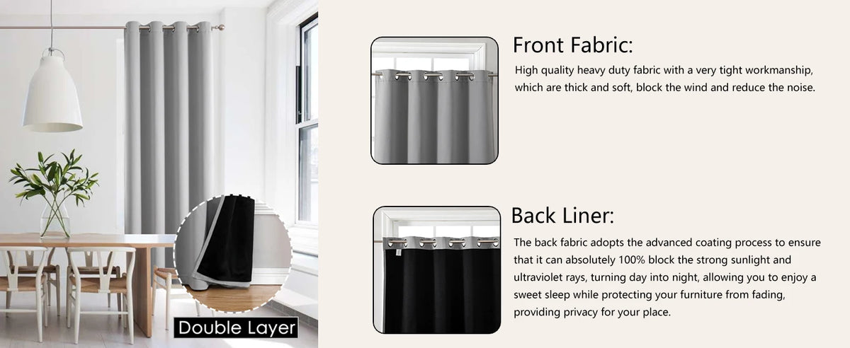 Insulated blackout curtain panels shown in a window frame, demonstrating the front fabric and back liner layers.