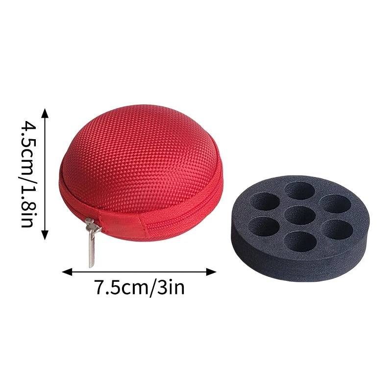 Red portable vial storage case with a threaded needle and a black storage disc.