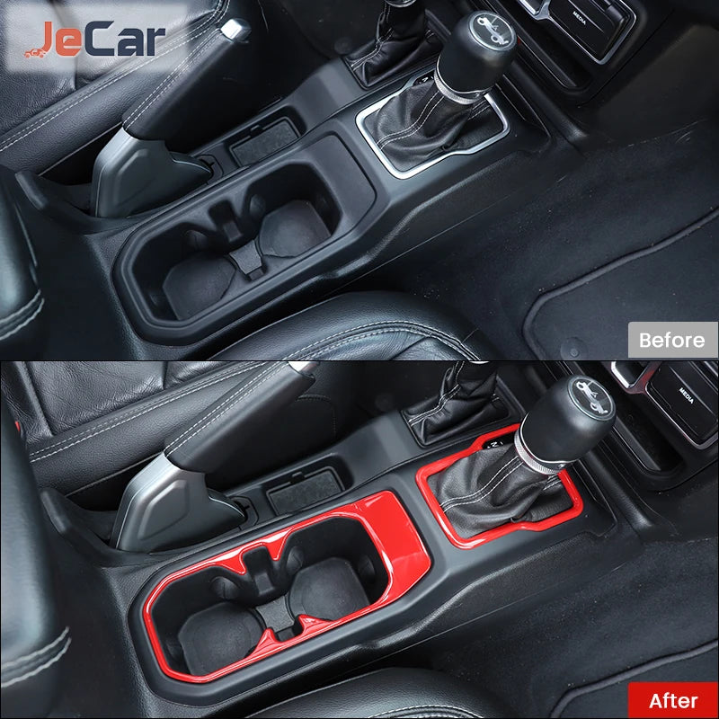 Before and after comparison of an ABS gear shift panel and cup holder trim cover for a Jeep Wrangler JL/Gladiator JT