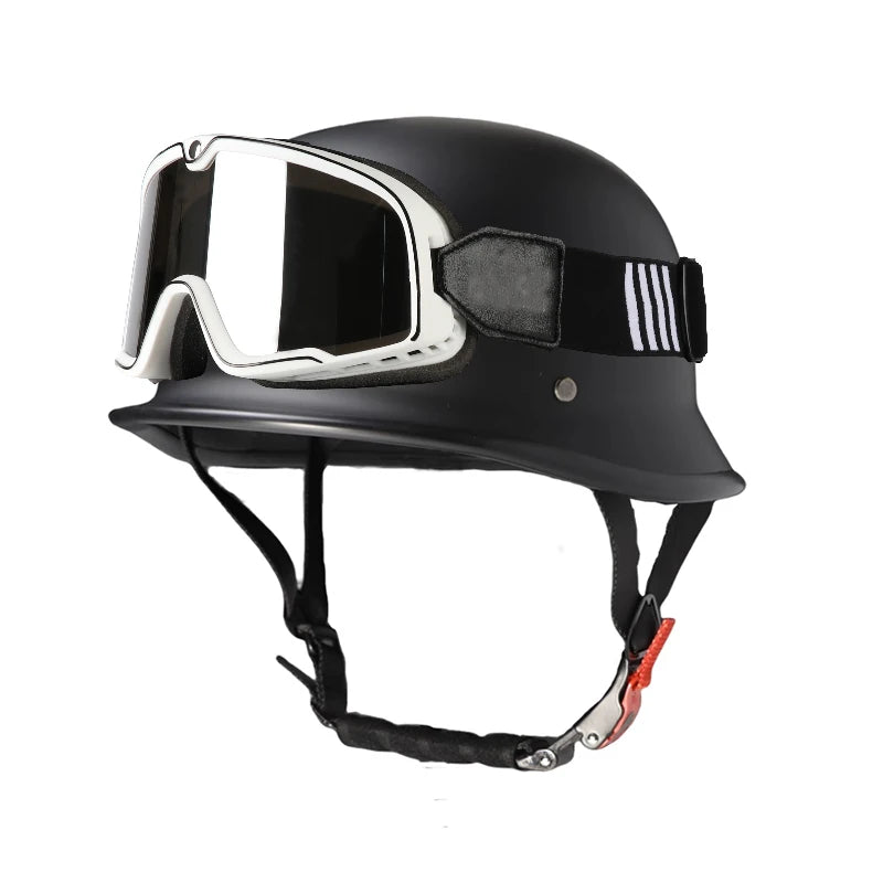 Black lightweight half helmet with integrated goggles for motorcycle and scooter riders