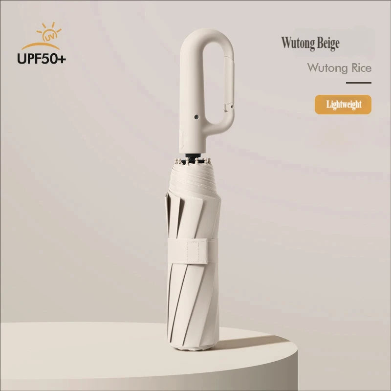 A white automatic folding umbrella with a beige handle and windproof design is shown on a light background.