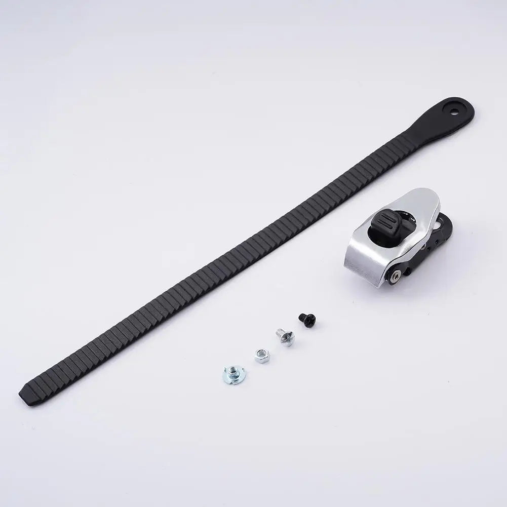 A black heavy-duty ratchet strap with a silver metal buckle and various hardware components.