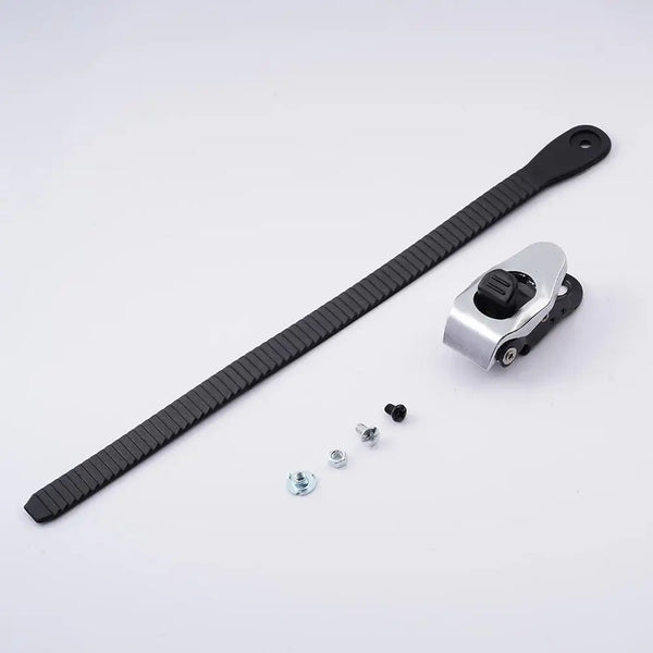 A black heavy-duty ratchet strap with a silver metal buckle and various hardware components.