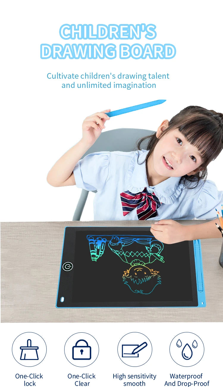 Ein Kind benutzt ein verstellbares LCD-Zeichenbrett, um Kunst auf einem Tablet zu gestalten.