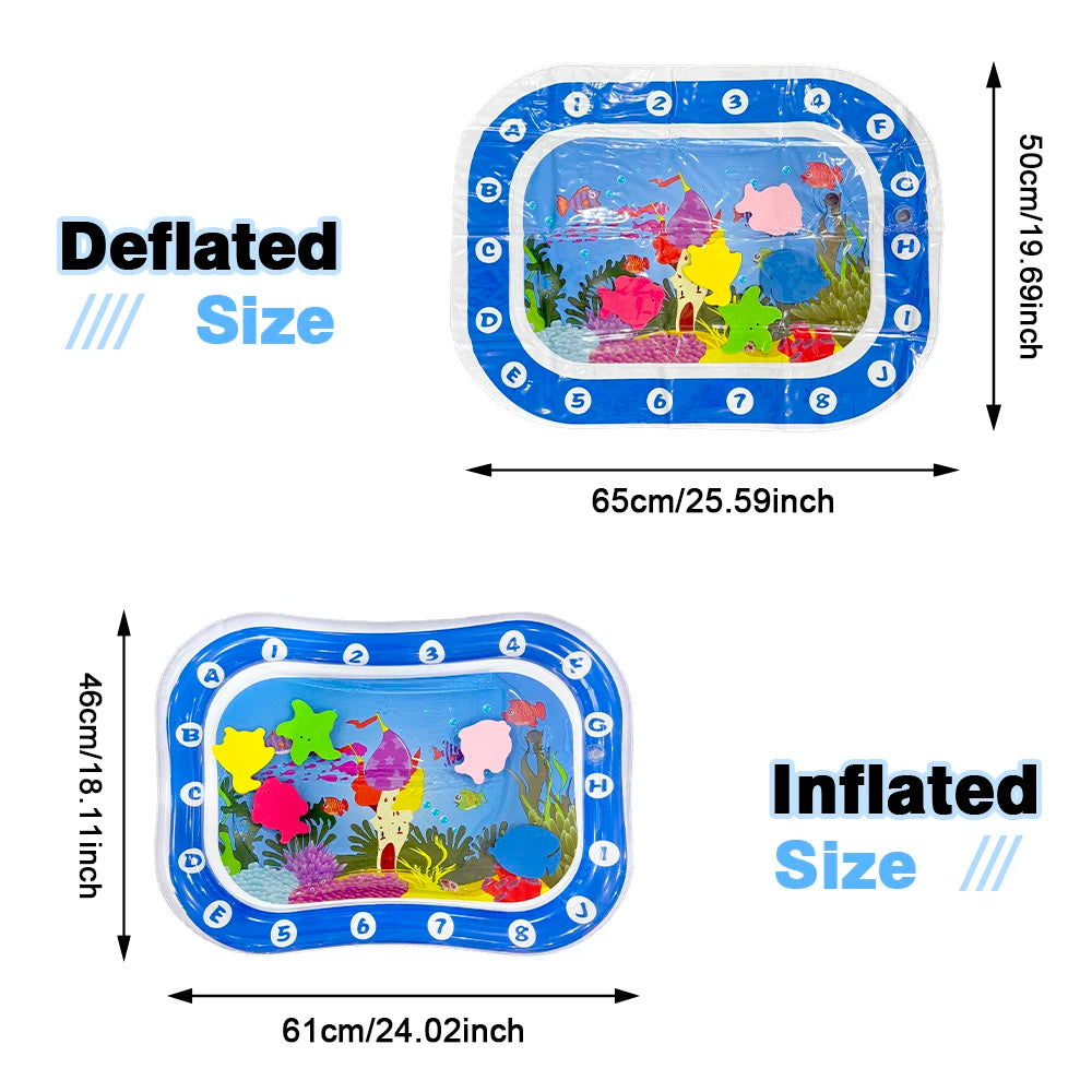 Comparison of a deflated and inflated inflatable ocean-themed water play mat for baby sensory development.