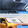 Inside view of a foldable car windshield sun shade umbrella and outside view of the same product on a yellow vehicle.