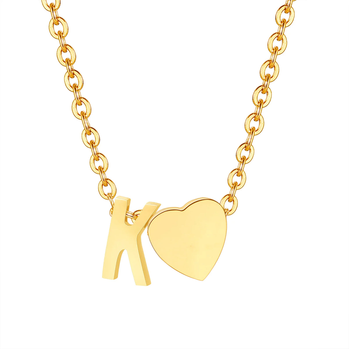 A delicate gold chain necklace featuring a heart-shaped initial K pendant.