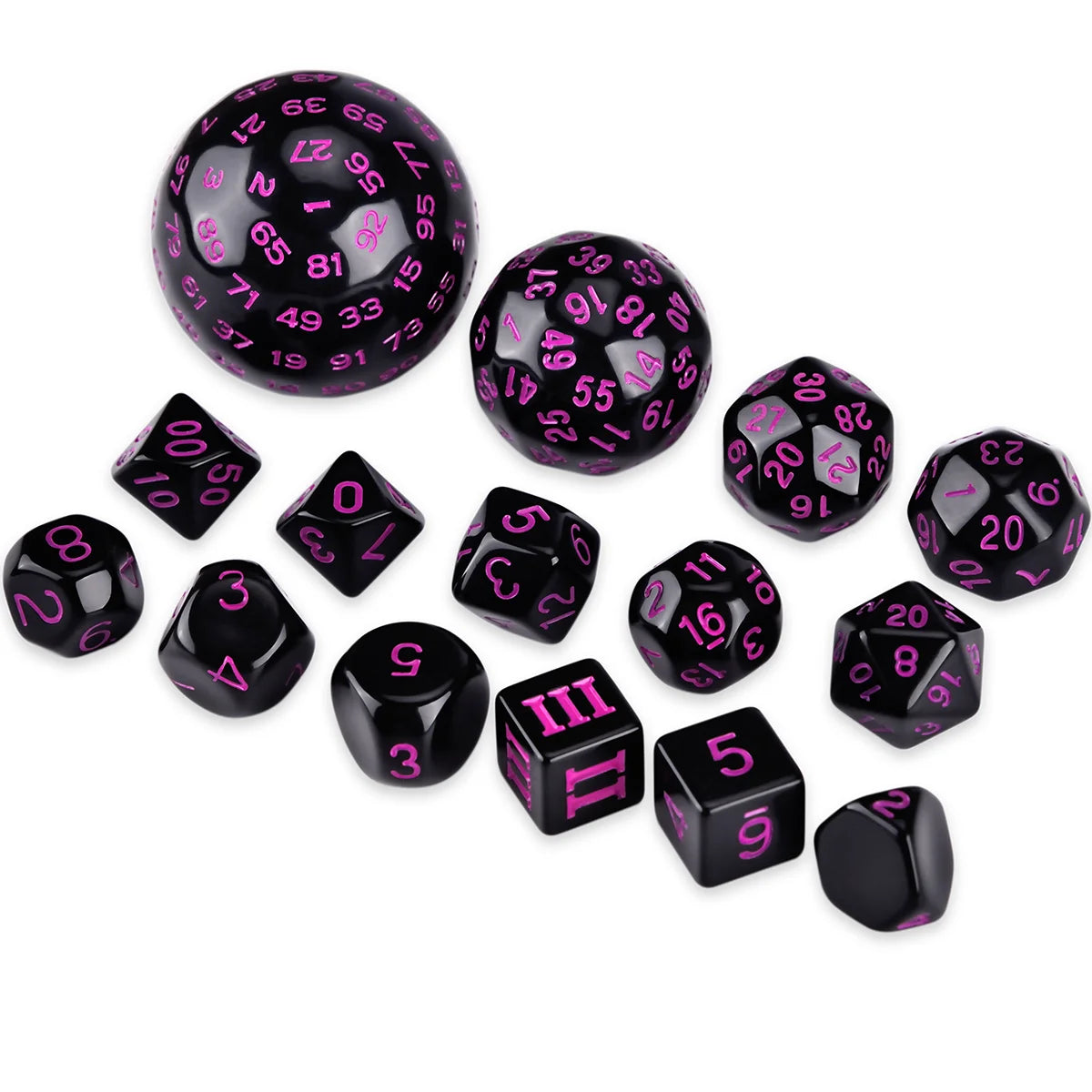 A collection of 15 polyhedral dice in black and pink colors scattered on a white background.