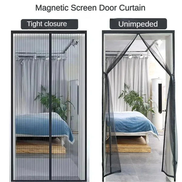Comparación que muestra el cierre ajustado y la vista sin obstrucciones de una cortina de puerta mosquitera de malla magnétic